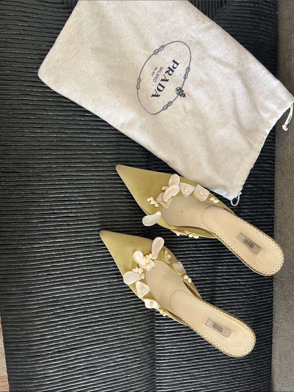 Prada Green Seashell Pointed Toe Slip-On Mermaid Inspired Heels Rare Vintage